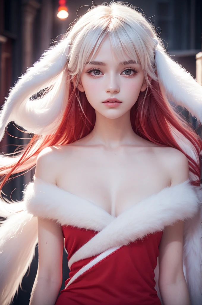 velues, white fur, ultra cute face, red elements on the skin, bright t-shirt, Beautiful lights and shadows, ambient light, ultra detailed skin, volumetric light, feminine gender