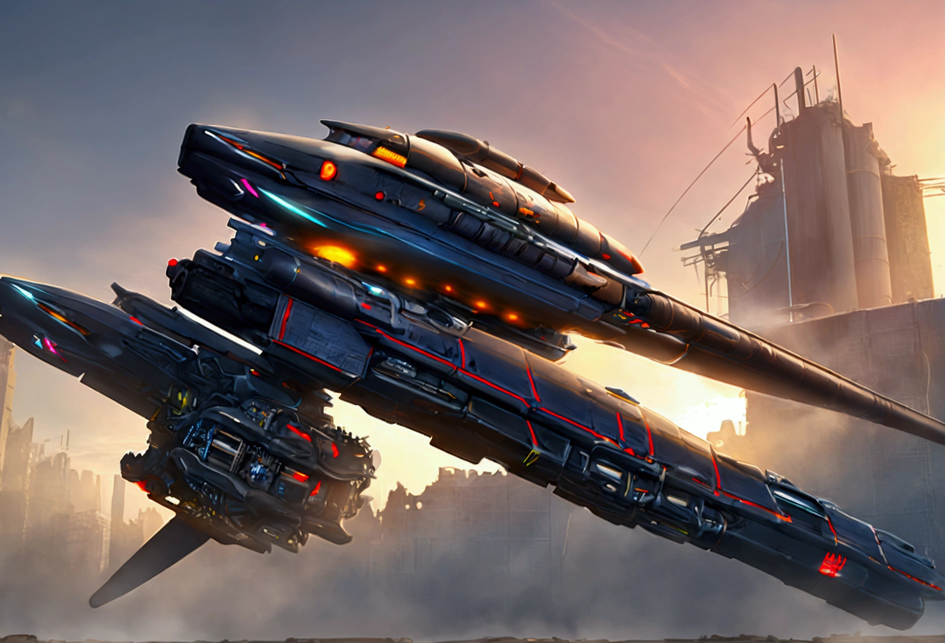 "Generate an ultra-detailed 4k CGI masterpiece (1.2 aspect ratio) featuring a train in a futuristic, post-apocalyptic city. Include (((highly detailed))) elements like ruins, shattered glass, and decaying buildings. Utilize cinematic lighting with chiaroscuro and ray tracing for the (((best quality))). Create a highly atmospheric scene with vibrant colors, dynamic shadows, and reflections. Incorporate futuristic technology, sleek lines, and powerful engines for a (((masterpiece))). Add a sense of danger, speed, and adrenaline rush through motion blur and dynamic perspective. Three related artists are Beeple, Mike Winkelmann, and Vitaly Bulgarov."