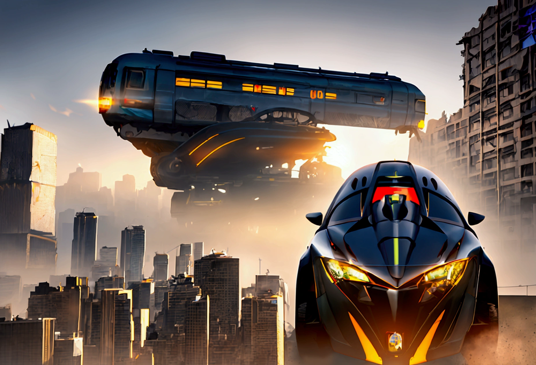"Generate an ultra-detailed 4k CGI masterpiece (1.2 aspect ratio) featuring a train in a futuristic, post-apocalyptic city. Include (((highly detailed))) elements like ruins, shattered glass, and decaying buildings. Utilize cinematic lighting with chiaroscuro and ray tracing for the (((best quality))). Create a highly atmospheric scene with vibrant colors, dynamic shadows, and reflections. Incorporate futuristic technology, sleek lines, and powerful engines for a (((masterpiece))). Add a sense of danger, speed, and adrenaline rush through motion blur and dynamic perspective. Three related artists are Beeple, Mike Winkelmann, and Vitaly Bulgarov."