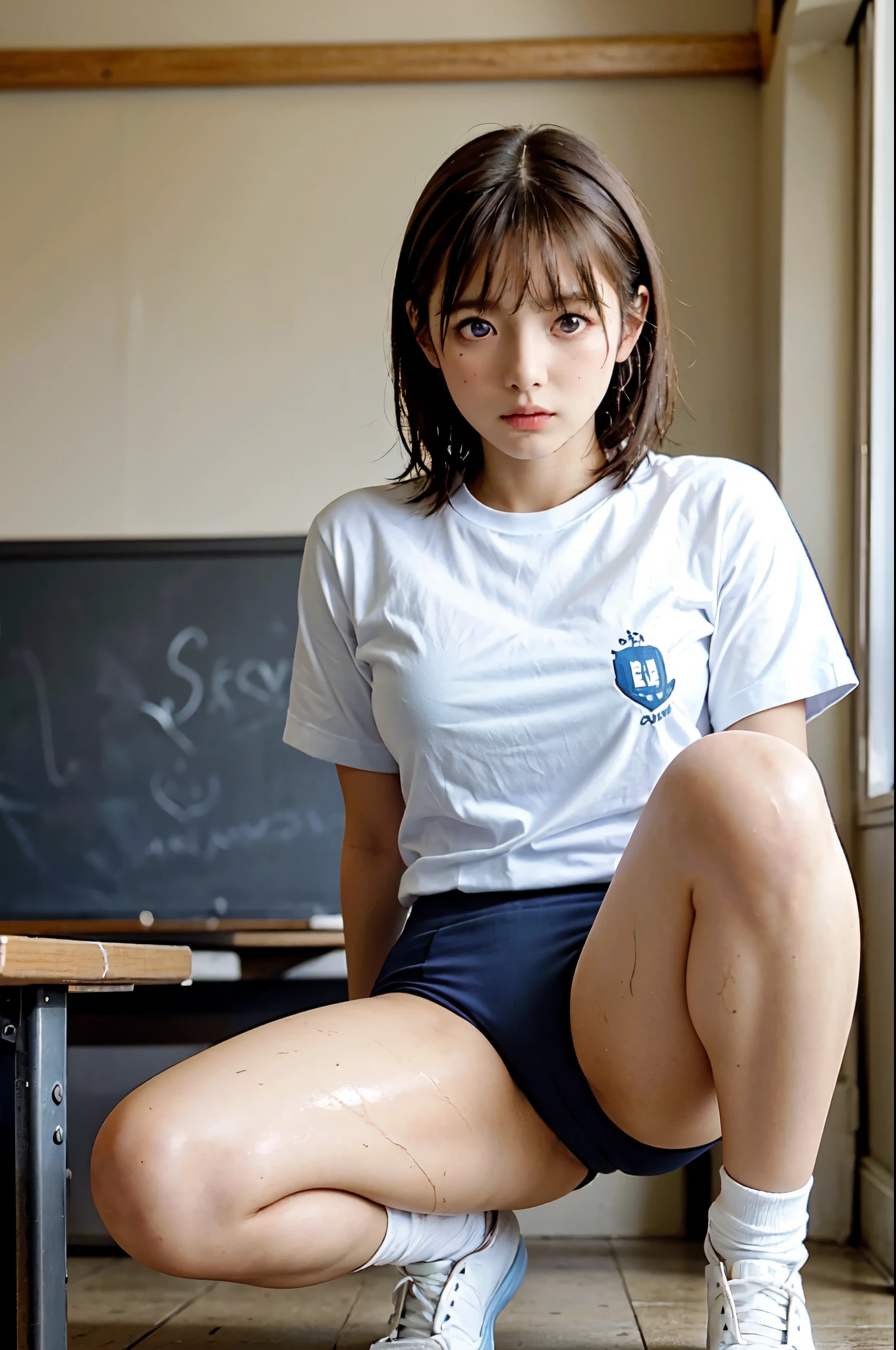 (masterpiece, best quality, very aesthetic, ultra detailed), intricate details, 4k,1 girl,solo,aanene, short hair,(buruma:1.2),gym uniform,white shirt,squatting, peeing, golden shower,classroom, cameltoe, spread legs, wet,groin,ahegao,(nsfw:1.2),
