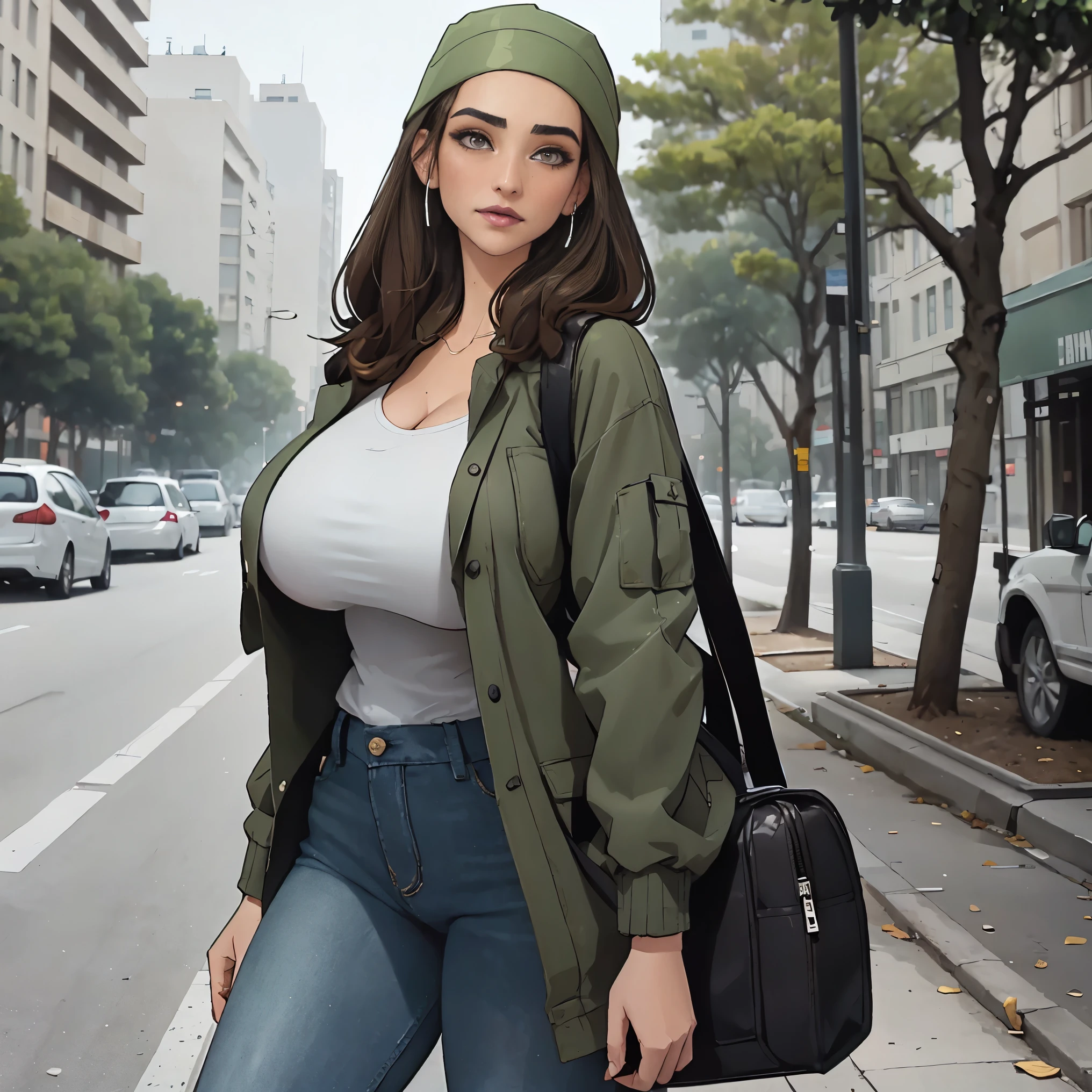 Extremely busty thin and toned brunette photographer, college girl, fair skin, loose side sweep, soft face, athletic, bandana babushka headwrap, tight olive green casual windbreaker, skinny jeans. standing in front of her apartment building, outdoors, city, camera bag, cleavage