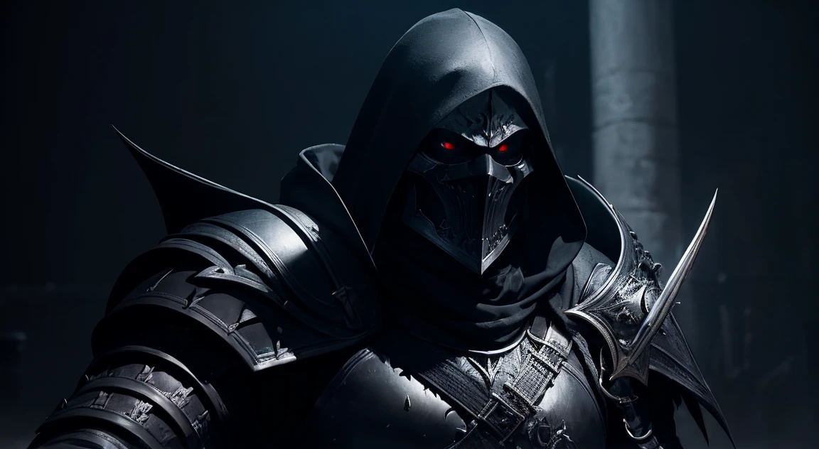 Close up portrait of a person with a sword in a dark room, Evil Knight, Gothic Knight, Dark Warrior, Anthropomorphic Crow Knight, Black Octane Rendering, Raymond Swanland's style, Sauron, the Dark Lord, Dark Fantasy Character Design, Photorealistic dark concept art, fantasy character octane render, Grim Reaper in the Night!!!!, Amazing 8k character concept art