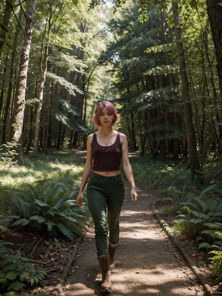 Certainly! Here's a detailed description of the girl with short pink hair, walking in the forest:
She strides through the sun-dappled woodland, her rose-pink hair falling in tousled waves to her shoulders. The black tank top clings to her lithe frame, revealing toned arms and a hint of a tattoo on her collarbone. Cream cargo pants, slightly frayed at the hems, allow her to move freely as she navigates the uneven terrain. Her boots—sturdy and well-worn—crunch on the fallen leaves, echoing the rustling of the surrounding foliage.
The forest envelops her—a tapestry of emerald hues. Towering pine trees stretch toward the sky, their needles casting elongated shadows on the mossy ground. Shafts of sunlight pierce through the canopy, illuminating patches of wildflowers—violets, buttercups, and delicate ferns. The air smells of damp earth and pine resin, and the distant call of a woodpecker adds a rhythmic melody to her solitary walk.
As she ventures deeper, the forest thickens. Ancient oaks stand sentinel, their gnarled roots intertwining like old friends. A babbling brook winds its way through the underbrush, its water crystal-clear and inviting. Birds flit from branch to branch, their songs harmonizing with the gentle rustle of leaves. The girl pauses, her gaze drawn upward, where a red-tailed hawk circles lazily against the azure sky.
In this secluded haven, time seems to slow. The girl's footsteps leave faint imprints on the forest floor, a fleeting connection to a world beyond the trees. She walks with purpose, her pink hair catching glimmers of sunlight, and her eyes—perhaps the same shade as the wild berries she passes—hold a quiet determination. She is both part of this landscape and an ephemeral visitor, leaving traces of her passage as she wanders deeper into the heart of the woods.