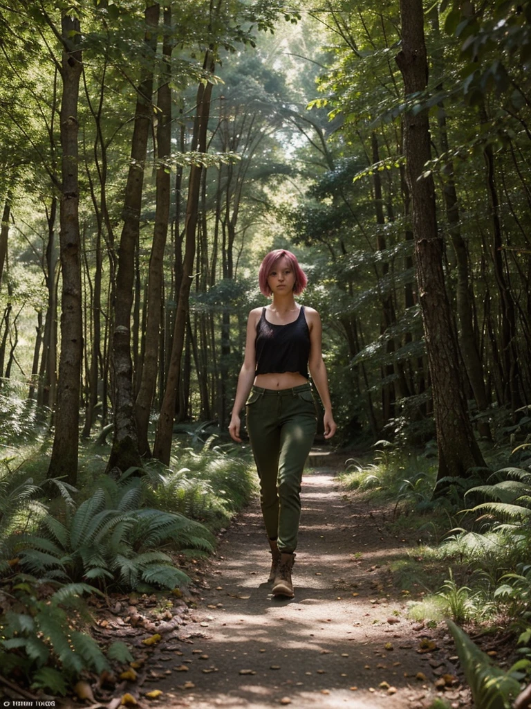 Certainly! Here's a detailed description of the girl with short pink hair, walking in the forest:
She strides through the sun-dappled woodland, her rose-pink hair falling in tousled waves to her shoulders. The black tank top clings to her lithe frame, revealing toned arms and a hint of a tattoo on her collarbone. Cream cargo pants, slightly frayed at the hems, allow her to move freely as she navigates the uneven terrain. Her boots—sturdy and well-worn—crunch on the fallen leaves, echoing the rustling of the surrounding foliage.
The forest envelops her—a tapestry of emerald hues. Towering pine trees stretch toward the sky, their needles casting elongated shadows on the mossy ground. Shafts of sunlight pierce through the canopy, illuminating patches of wildflowers—violets, buttercups, and delicate ferns. The air smells of damp earth and pine resin, and the distant call of a woodpecker adds a rhythmic melody to her solitary walk.
As she ventures deeper, the forest thickens. Ancient oaks stand sentinel, their gnarled roots intertwining like old friends. A babbling brook winds its way through the underbrush, its water crystal-clear and inviting. Birds flit from branch to branch, their songs harmonizing with the gentle rustle of leaves. The girl pauses, her gaze drawn upward, where a red-tailed hawk circles lazily against the azure sky.
In this secluded haven, time seems to slow. The girl's footsteps leave faint imprints on the forest floor, a fleeting connection to a world beyond the trees. She walks with purpose, her pink hair catching glimmers of sunlight, and her eyes—perhaps the same shade as the wild berries she passes—hold a quiet determination. She is both part of this landscape and an ephemeral visitor, leaving traces of her passage as she wanders deeper into the heart of the woods.