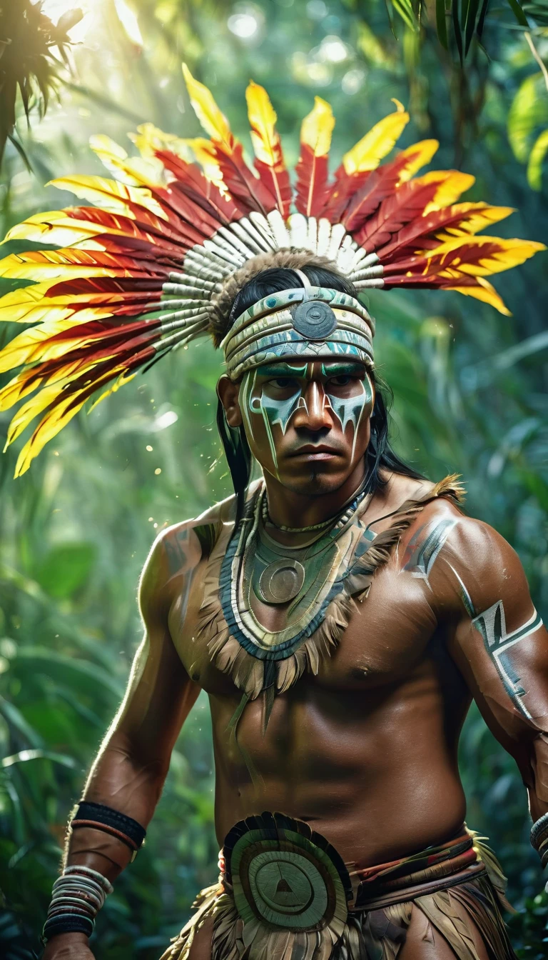 a guerrero indio americano, indigenous american warrior, detailed face and body, wearing tribal headdress, holding spear, in jungle landscape, mist, sunlight filtering through trees, lush foliage, intricate patterns on clothing, muscular physique, intense expression, ultra-detailed, 8k, photorealistic, dramatic lighting, vibrant colors, cinematic composition, pose de lucha