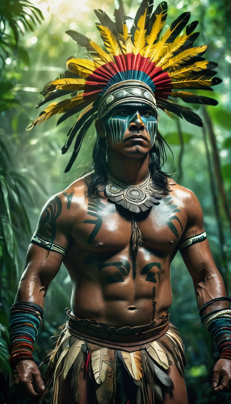 a guerrero indio americano, indigenous american warrior, detailed face and body, wearing tribal headdress, holding spear, in jungle landscape, mist, sunlight filtering through trees, lush foliage, intricate patterns on clothing, muscular physique, intense expression, ultra-detailed, 8k, photorealistic, dramatic lighting, vibrant colors, cinematic composition, pose de lucha