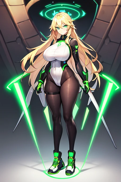 1girl, green eyes, blonde hair, long hair, large breasts, hourglass figure, bodysuit, white bodysuit, neon, neon trim, machinery, tech, science-fiction, futuristic, serious, standing, full body, ((full body)),, pantyhose, black pantyhose, wavy hair, sneakers