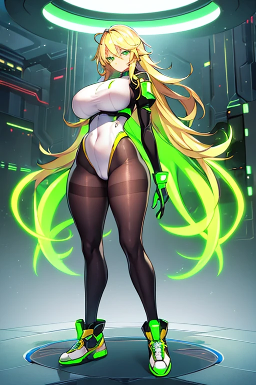 1girl, green eyes, blonde hair, long hair, large breasts, hourglass figure, bodysuit, white bodysuit, neon, neon trim, machinery, tech, science-fiction, futuristic, serious, standing, full body, ((full body)),, pantyhose, black pantyhose, wavy hair, sneakers