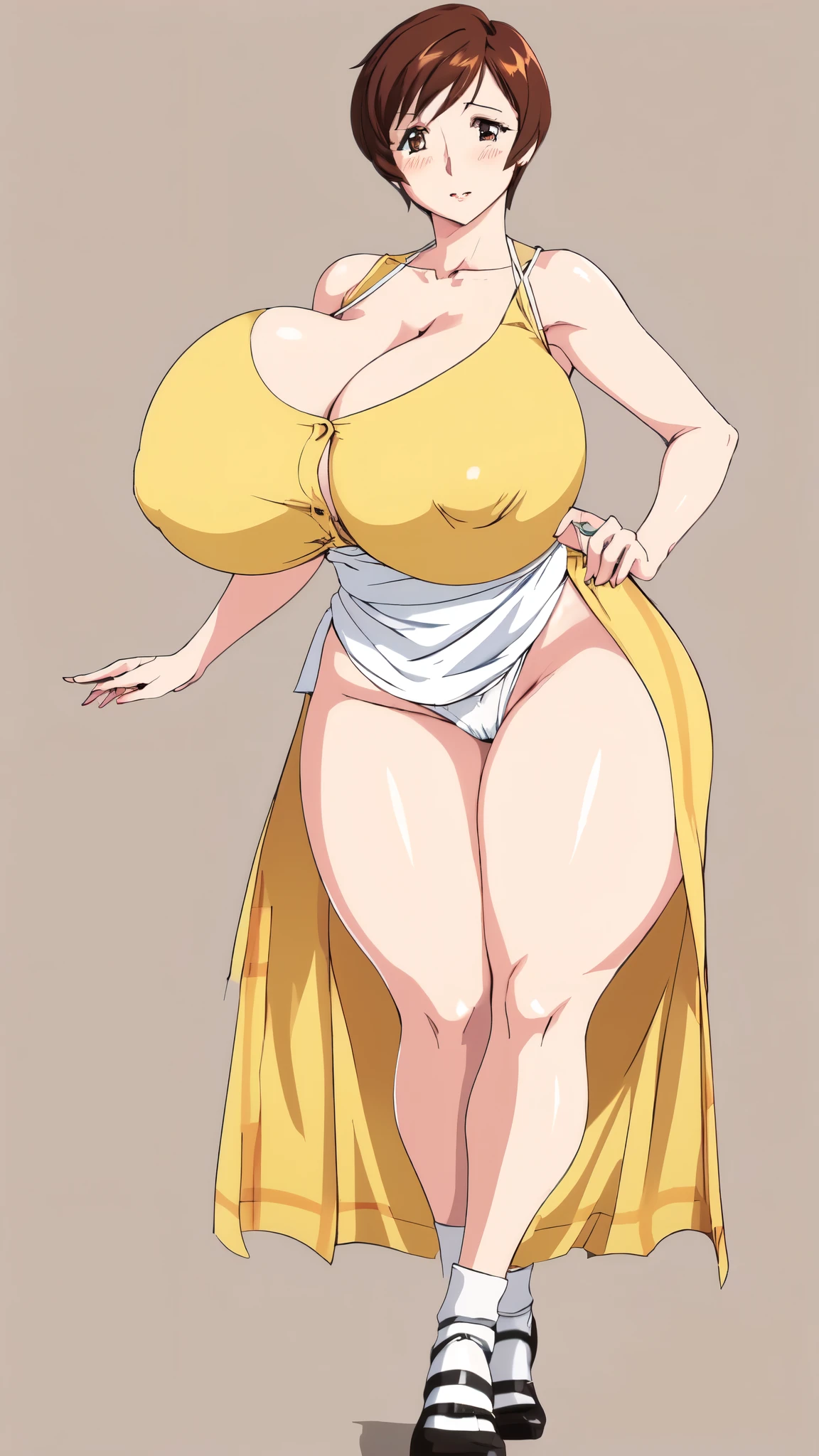 masterpiece, highest quality, High resolution, One girl, solo, sexual intercourse, Pornographic images, short hair, etsukoto, brown Eyes, fine grain, fine grain, (((Thick thighs, Plump thighs, Voluptuous thighs, Thighs alone are enough))), Huge and ample breasts, Cleavage, big long breasts, Naughty big,((big breasts are important))、((Naughty thighs)), L Cup, (thin:1.4),(Tight waist:1.4), (yellow dress:1.4), ((white waist apron)), white panties, (((Simple Background))), ((Wide Hips)), Shiny, Oily skin, Mature mother, Calf, Seductive mature woman, milf, Perfect body, Plus Size Model, curvy, ample, etsukoto, blush, clavicle, retro artstyle, 1990s (style), (thick thighs:1.4), Bare legs, ((bursting breast)), firm breasts, full body, feet, nsfw,