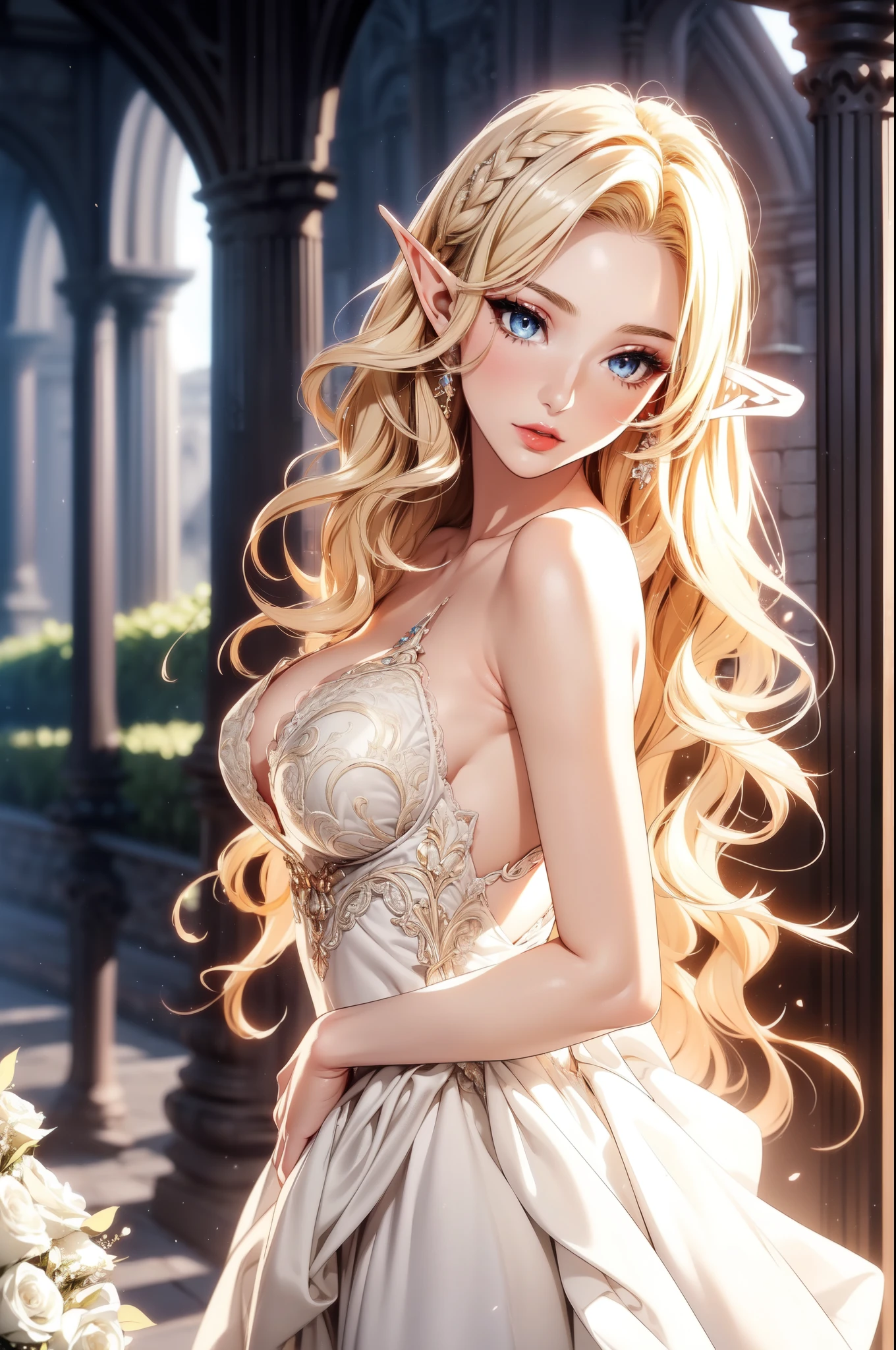 (masterpiece, best quality, beautiful and aesthetic:1.3), (A beautiful elf lady), look back, side view, 1 elf girl, (solo:1.3), light smile, (honey blonde hair streaked beige:1.4), (Gradient sliver hair ends:1.6), hair strand, absurdly long hair, single sidelock, wavy hair, shiny hair, floating hair, (sky blue eyes), delicate eyes, aqua eyes, super high detailed eyes, long upper eyelashes, eyes makeup, red lips, elf up-turn pointy ears, Focus on face, Very detailed facial, (Pretty Face:1.3), Perfect medium chest, slim body, porcelain skin, (Delicate skin texture:1.2), (Highly detailed skin:1.2), bridal veil, lace-trimmed dress, see-through, wedding dress, (outdoors), white roses, garden, (morning), detailed background, beautiful background, standing, whole body, extreme detailed, Edge lighting, two color lights, 8K UHD, Bokeh, イーブイの絵, soft light, Volumetric lighting, confess, warm tone