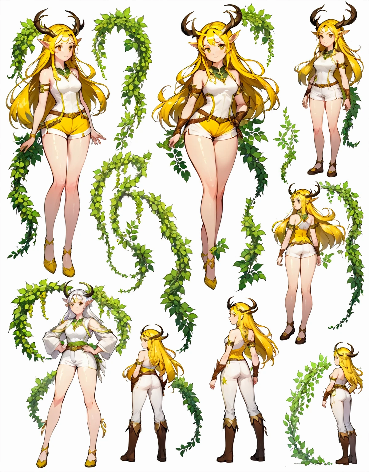 sketch (Character Design Sheet, Same characters, whole body, Three-species, Front, ~ ~ ~ side, Come back),(Very bright:1.1), White background, [1 girl:7], (tilted his head:1.2), ([sketch|watercolor \(Temperate\)]:1.15),whole body, Yellow medieval summer girl, concept, vines on the hand and horns from the vines, full length, whole body, magic hunter, White shorts, SFV