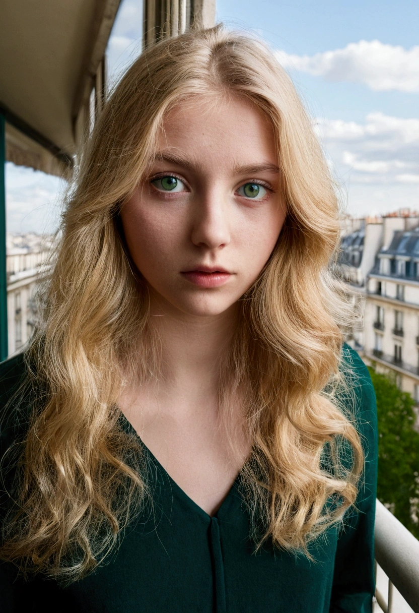 Photo sur un balcon à Paris, une fille de 20 ans super réaliste, longs cheveux blonds, poitrine large et prononcée, yeux verts, une poupée