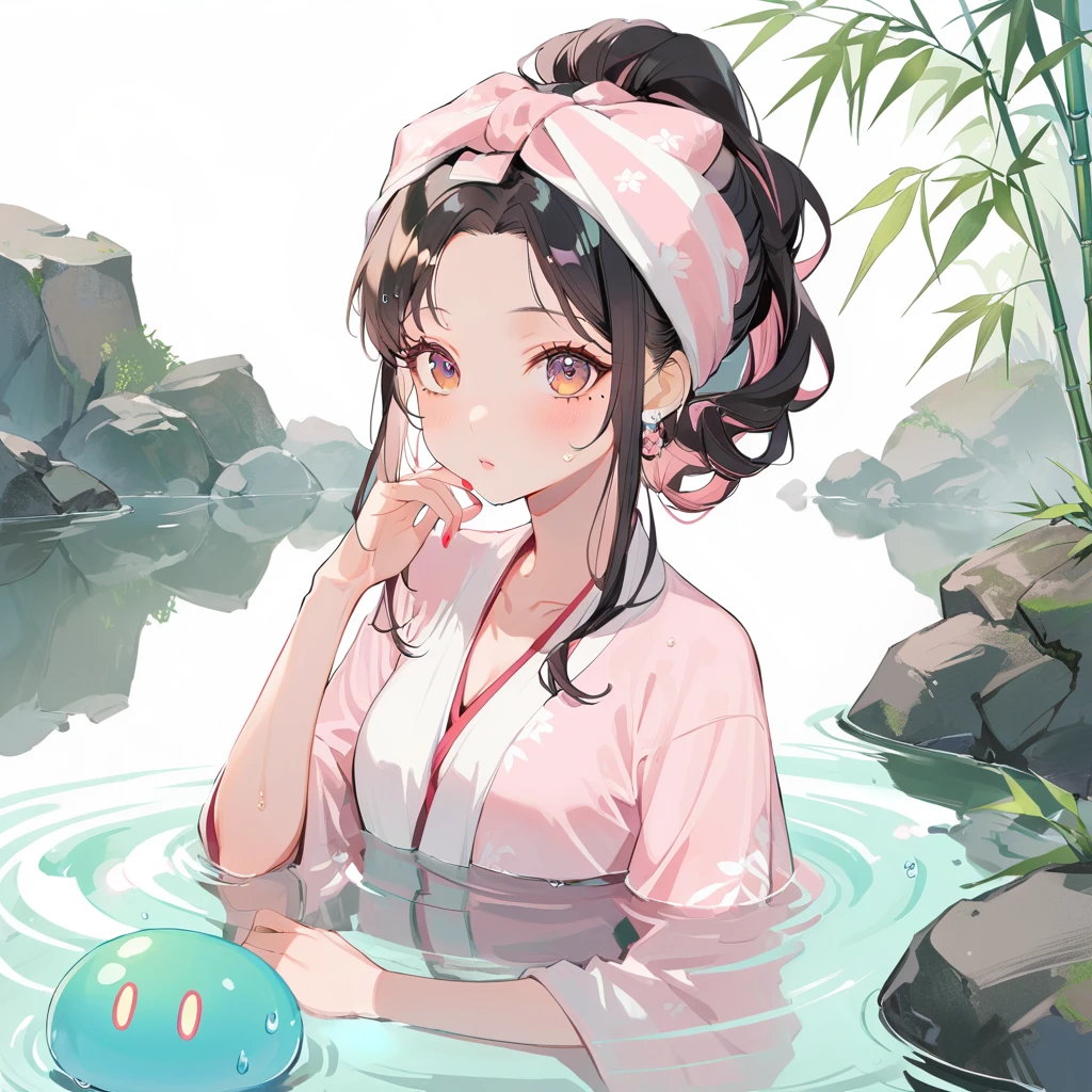 1girl,afloat,bamboo,onsen,bathing,black hair,blush,branch,collarbone,leaf,long hair,looking at viewer,mole,mole under eye,partially submerged,plant,ripples,solo,towel,towel on head,wading,water,wet,wet hair,1girl, big curly ponytail, pink beige hair , big pink bow, forehead, cute pink dress, cafe, lipgloss, lip volume, ,slime,