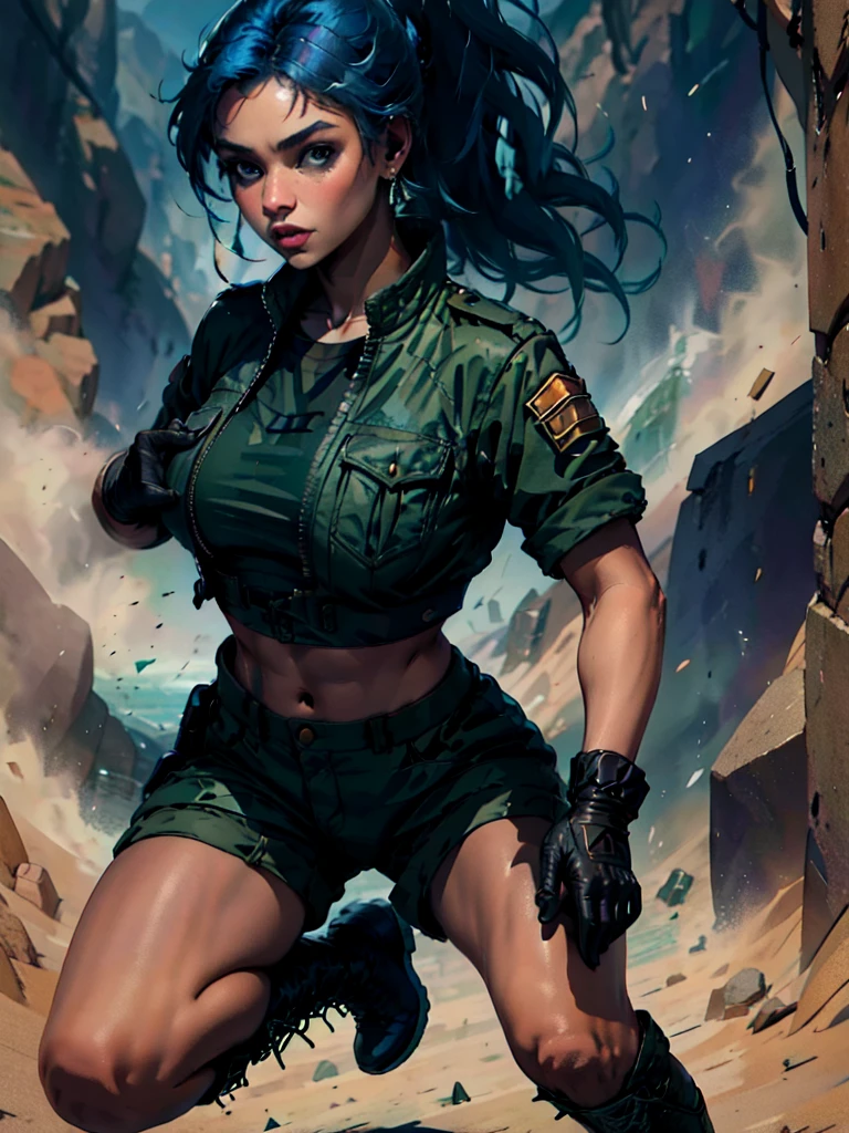 30-year-old woman, alone, athletic, blue hair tied in a ponytail, wears green military shorts, wears a green military top, wears dark gloves, has military boots, high resolution, perfect image, very detailed, high contrast, colors digital, simple, medium shot, cinematic, ultra-sharp focus, award-winning photography, perfect contrast, high sharpness, depth of field, ultra-detailed photography. global illumination, fluid, ultra high definition, 8k, Unreal Engine 5, ultra sharp focus, award-winning photography, Art Season Trends,
