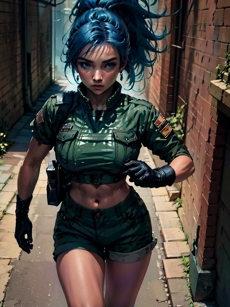 30-year-old woman, alone, athletic, blue hair tied in a ponytail, wears green military shorts, wears a green military top, wears dark gloves, has military boots, high resolution, perfect image, very detailed, high contrast, colors digital, simple, medium shot, cinematic, ultra-sharp focus, award-winning photography, perfect contrast, high sharpness, depth of field, ultra-detailed photography. global illumination, fluid, ultra high definition, 8k, Unreal Engine 5, ultra sharp focus, award-winning photography, Art Season Trends,
