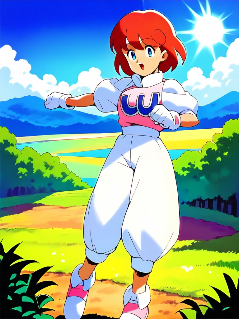 pastel,score_9,score_8_superior,score_7_superior,sauce_anime,One girl,alone,View your viewers,shirt,White puff sleeves,Short sleeve,White gloves,White pants,shoes,White footwear,Laughter,arm superior,Clenched hands,blue sky,nature,In the meadow,sun,lens_Flare