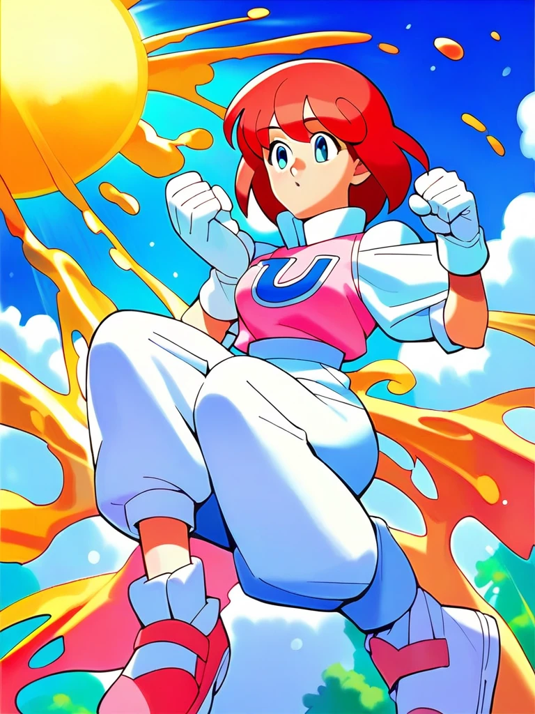 pastel,score_9,score_8_superior,score_7_superior,sauce_anime,One girl,alone,View your viewers,shirt,White puff sleeves,Short sleeve,White gloves,White pants,shoes,White footwear,Laughter,arm superior,Clenched hands,blue sky,nature,In the meadow,sun,lens_Flare