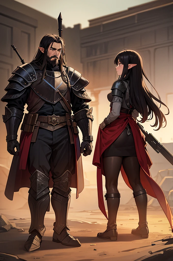 Lucas and Elara stand together in a bustling war camp. The camp is filled with a diverse array of soldiers from the three allied races—humans, elves, and dwarves. Lucas, tall and imposing, wears his sleek black dragon-scale armor with dark red accents, holding his Barret .50 rifle. His black hair is tousled from the recent journey, and his dark brown eyes show determination. Elara, by his side, wears her newly reforged black armor made from Nargoth's scales, accented with deep red highlights. Her black hair is tied back in a high ponytail, and her deep green eyes are focused and fierce. The backdrop features a mix of medieval tents and advanced weaponry, including Gatling guns and enchanted weapon racks. The sky above is a mix of twilight hues, with the first stars beginning to appear, casting a serene yet tense atmosphere over the camp. In the background, leaders from each race—an imposing dwarf with a long beard, a regal elf with flowing robes, and a stern human king in armor—are seen giving final instructions to their troops, readying them for the imminent invasion.
