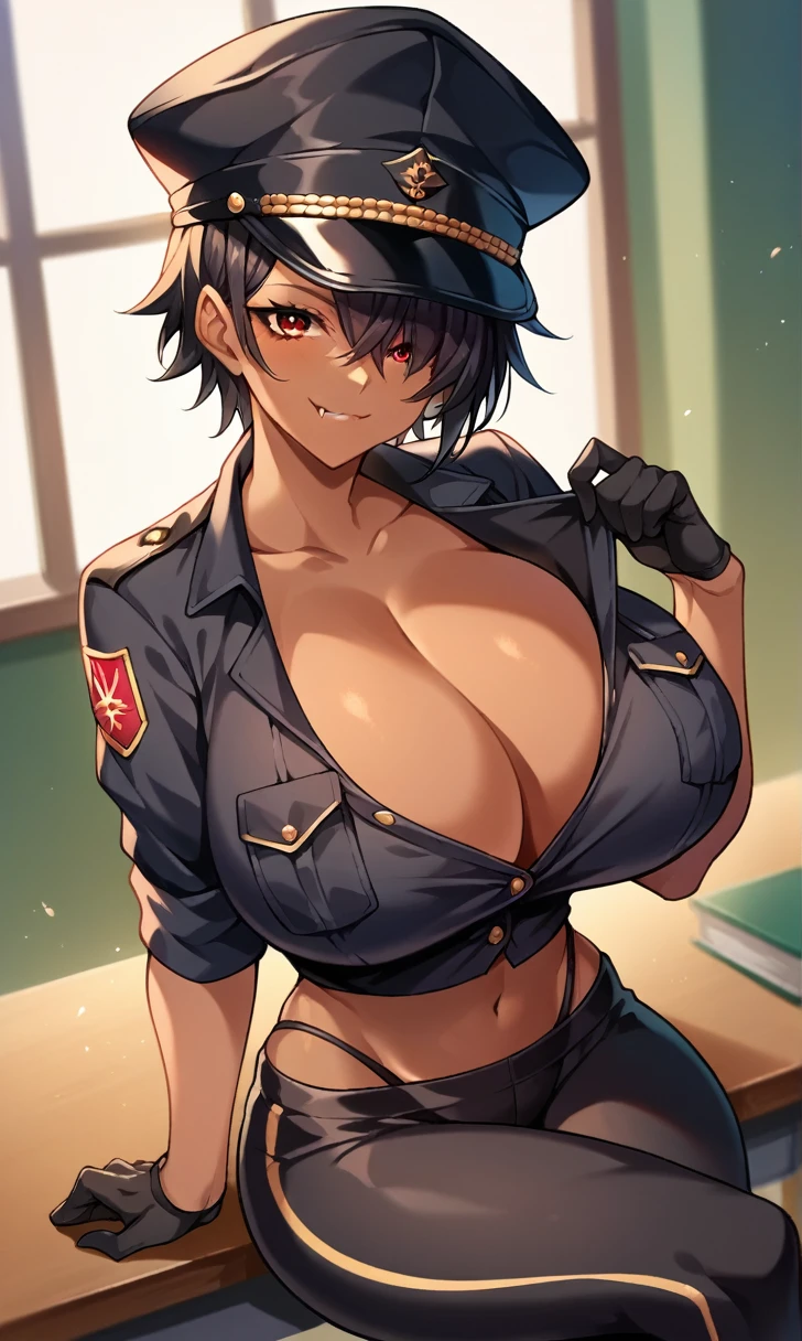 score_9, score_8_up, score_7_up, score_6_up, score_5_up, score_4_up, (source_anime), 1girl, huge breasts, looking at viewer, smile, fang, black clothes, short hair, shirt, midriff, yoga pants, thong, black hair, gloves, hat, cleavage, hair between eyes, collarbone, black gloves, red eyes, uniform, black shirt, black headwear, peaked cap, pocket, military hat, breast pocket, partially unbuttoned, hat tip, hat over one eye, indoors, military, military base, upper body, dark skin, sitting on desk, crossed legs