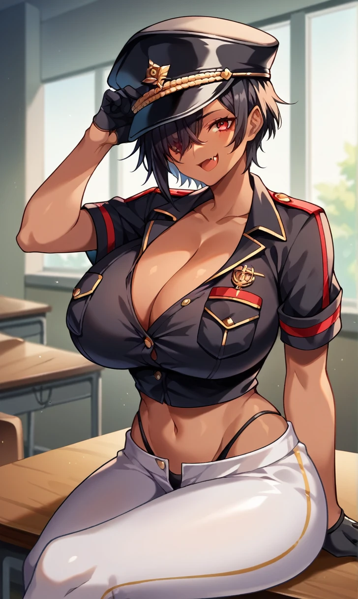score_9, score_8_up, score_7_up, score_6_up, score_5_up, score_4_up, (source_anime), 1girl, huge breasts, looking at viewer, smile, fang, black clothes, short hair, shirt, midriff, yoga pants, thong, black hair, gloves, hat, cleavage, hair between eyes, collarbone, black gloves, red eyes, uniform, black shirt, black headwear, peaked cap, pocket, military hat, breast pocket, partially unbuttoned, hat tip, hat over one eye, indoors, military, military base, upper body, dark skin, sitting on desk, crossed legs