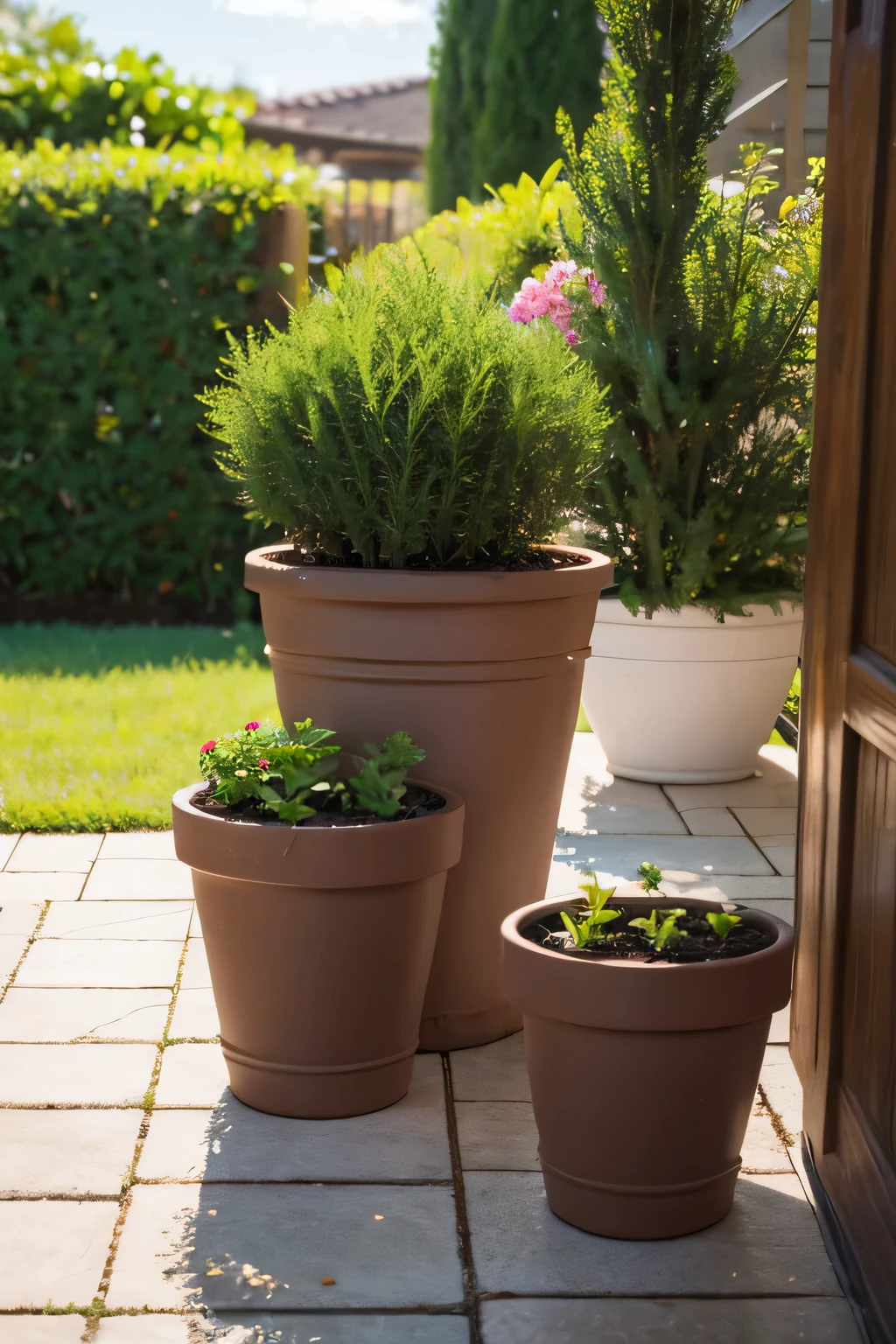 Sprinkling water on flower pots