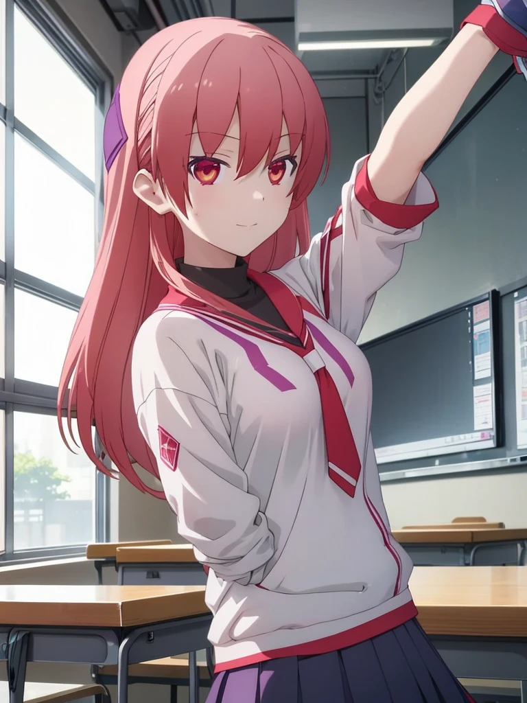 Tsukasa, 1girl, as a highschool girl, wearing highschool uniform with white shirt and blue skirt, at a classroom, pink colour hair, red eyes, 8k, high detailed, high quality