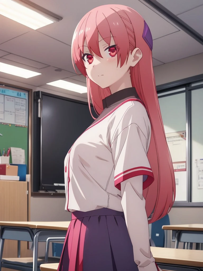 Tsukasa, 1girl, as a highschool girl, wearing highschool uniform with white shirt and blue skirt, at a classroom, pink colour hair, red eyes, 8k, high detailed, high quality
