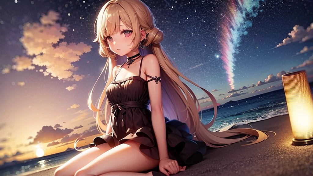 "A serene nighttime beach scene. A girl sits on the sandy shore, her headphones on, lost in the rhythm of the music. She wears a beautiful frock, the gentle waves almost touching her toes. Above her, the night sky is adorned with twinkling stars and a luminous moon, casting a soft glow over the tranquil scene. She looks completely relaxed, absorbed in her own world of melodies."
