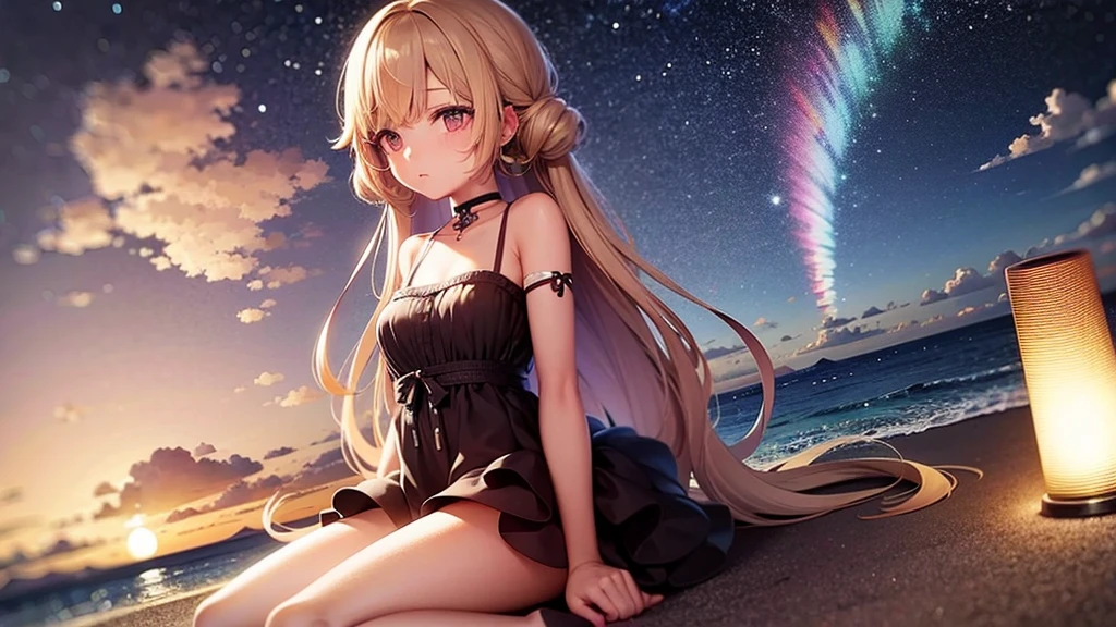 "A serene nighttime beach scene. A girl sits on the sandy shore, her headphones on, lost in the rhythm of the music. She wears a beautiful frock, the gentle waves almost touching her toes. Above her, the night sky is adorned with twinkling stars and a luminous moon, casting a soft glow over the tranquil scene. She looks completely relaxed, absorbed in her own world of melodies."
