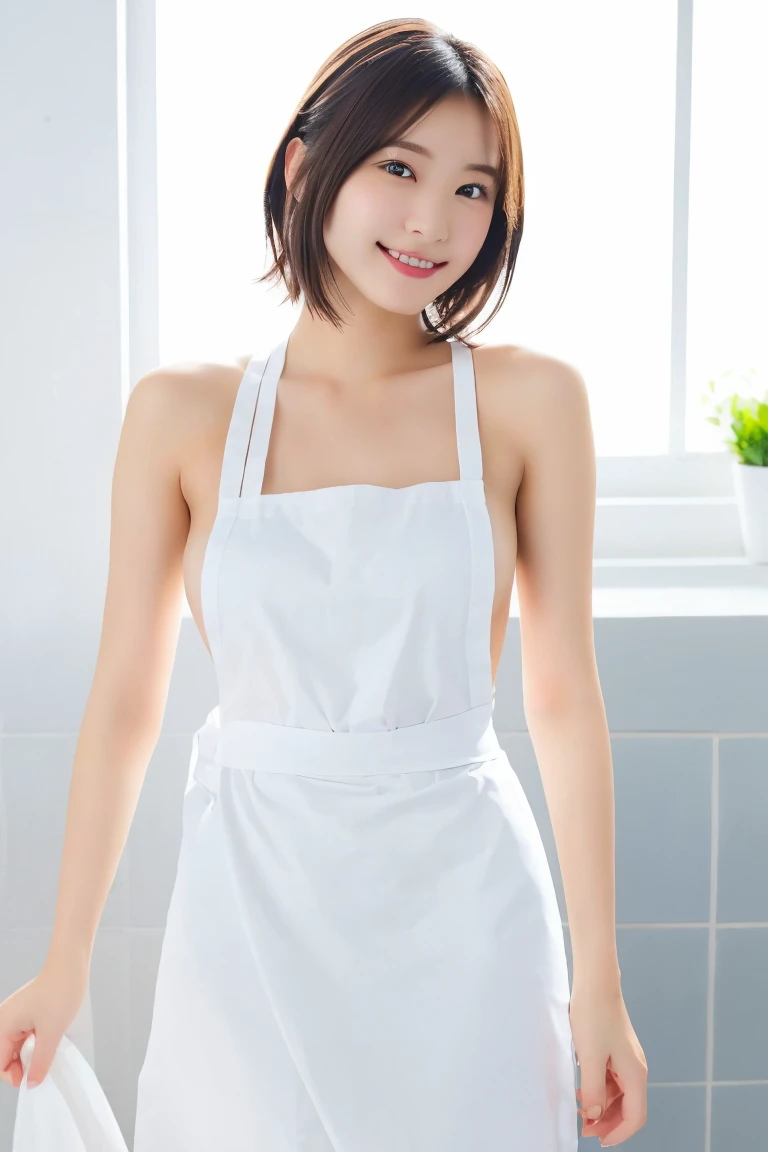 (8K highest image quality)、(beautiful)、Accurate Eyes、Fine skin、22-year-old female、Brown eyes、Soft looking breasts、Brown Hair、looking at the camera、Completely naked、Semi-short hair、Naked Apron、smile、Leaning forward、Nipples