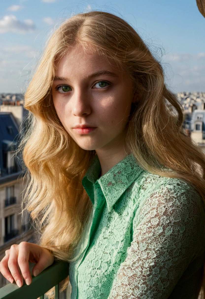 Photo sur un balcon à Paris, une fille de 20 ans super réaliste, longs cheveux blonds, poitrine large et prononcée, yeux verts, une poupée