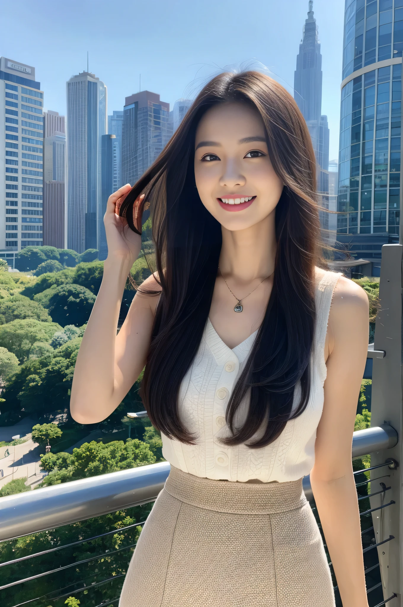 Smile,absurd,Please shut your mouth,Balanced Eyes,(Top Quality Details:1.2),Practical,8K HD,Very detailed,High quality textures,Intricate details,Detailed texture,Finely,High Detail,Highly detailed CG,(Short skirt,black,Long legs,Huge breasts,White long hair),A bustling city,Necklace,Looking at the audience,stand up,(1 face.2)。