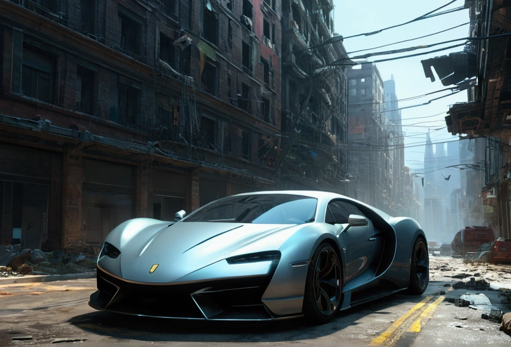 "Generate an ultra-detailed 4k CGI masterpiece (1.2 aspect ratio) featuring a car prototype in a futuristic, post-apocalyptic city. Include (((highly detailed))) elements like ruins, shattered glass, and decaying buildings. Utilize cinematic lighting with chiaroscuro and ray tracing for the (((best quality))). Create a highly atmospheric scene with vibrant colors, dynamic shadows, and reflections. Incorporate futuristic technology, sleek lines, and powerful engines for a (((masterpiece))). Add a sense of danger, speed, and adrenaline rush through motion blur and dynamic perspective. Three related artists are Beeple, Mike Winkelmann, and Vitaly Bulgarov."