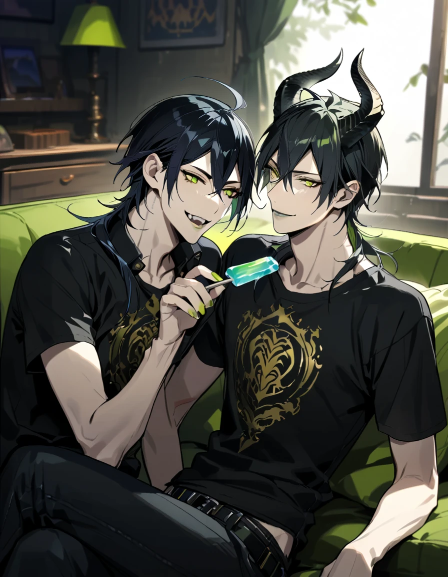 masterpiece, best quality, extremely detailed, anime , upper body, ((2boys)), BL, male focus, ikemen:1.5, looking at each other, holding ice candy, T-shirt, short sleeves, room, sitting on sofa,full body, malleus draconia (twisted wonderland) horns, bishounen, boy, male, yana Toboso style, long hair, black hair, yellow green eyes, smile, gray lips, handsome, skinny, tall, yellow green glow,AddXL