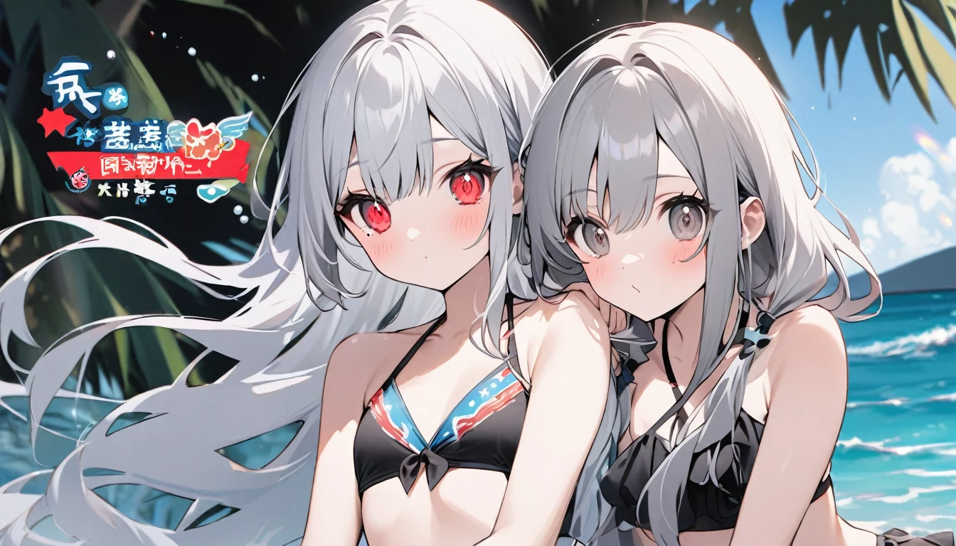  Characters。gray hair color、Glowing red eyes、Long Hair、There is a mole under the left eye。Without background、Depict only one person。Seaside、Swimsuit