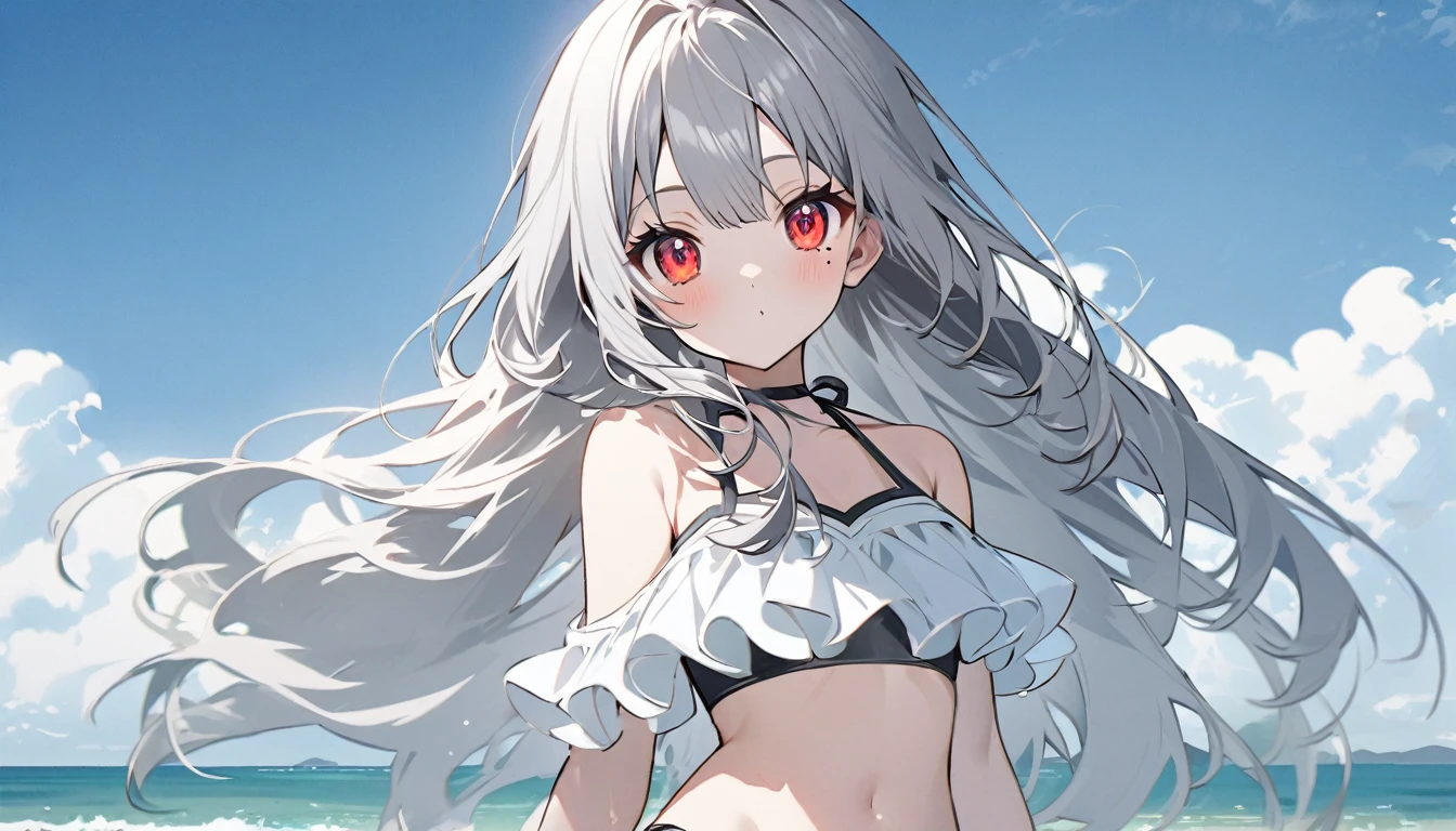 Girl Characters。gray hair color、Glowing red eyes、Long Hair、There is a mole under the left eye。Without background、Depict only one person。Seaside、Swimsuit