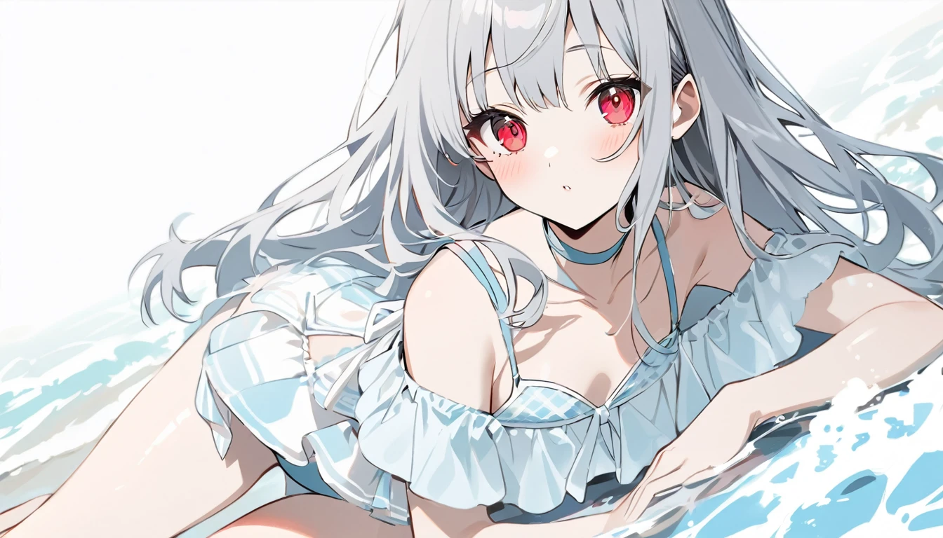 Girl Characters。gray hair color、Glowing red eyes、Long Hair、There is a mole under the left eye。Without background、Depict only one person。Seaside、Swimsuit