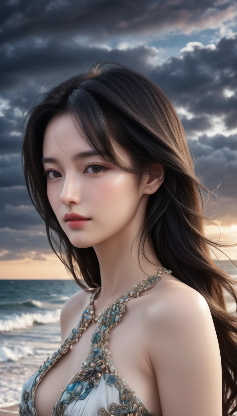 ((Masterpieces with up to 16K resolution:1.6)),Highest quality,it is really amazing,Very detailed,Ultra-high resolution,((Real:1.5)),((Realistic:1.5)),Increased depth of field,((Cinematic Light Effects:1.5)),
Elegant mature woman,((Focus on a woman's face:1.5)),
Long black hair,((Ultra-detailed and beautiful faces:1.5)),Translucent white skin,Very detailedな肌の質感,Great proportions,Anatomically correct body,
elegant beach dress,Artistic design,Beautiful and detailed pattern,Luxurious jewellery decoration,Detailed fabric texture,
Coastal landscape at dusk,Dark clouds and dark sky,delay々Continuing sandy beach, Deserted Beach,Dark sea surface,
(((Close-up shot of face:1.8))),