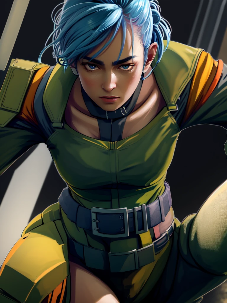 30-year-old woman, alone, athletic, blue hair tied in a ponytail, wears green military shorts, wears a green military top, wears dark gloves, has military boots, high resolution, perfect image, very detailed, high contrast, colors digital, simple, medium shot, cinematic, ultra-sharp focus, award-winning photography, perfect contrast, high sharpness, depth of field, ultra-detailed photography. global illumination, fluid, ultra high definition, 8k, Unreal Engine 5, ultra sharp focus, award-winning photography, Art Season Trends,
