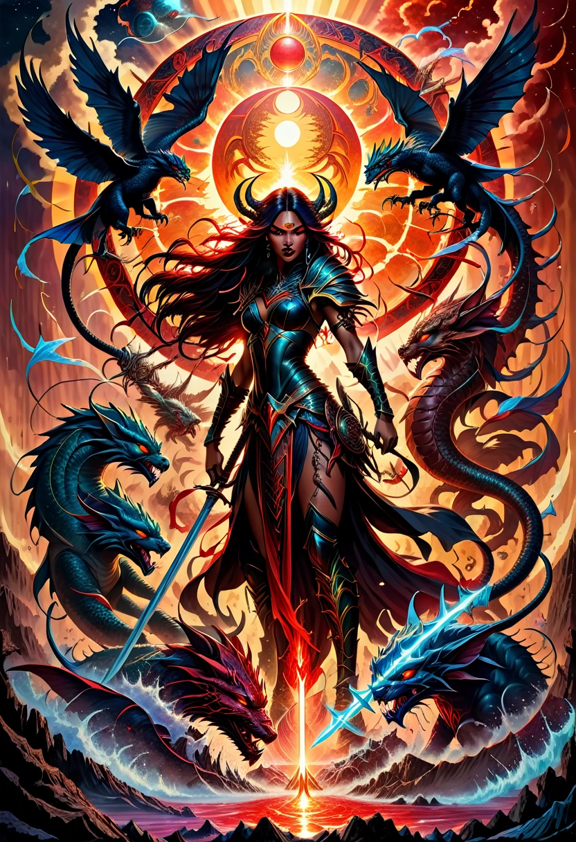 a high quality professional illustration of the "Slayer of Apep, Kiss Of Death, Elara, Legacy of the Red Sun," mythical characters, fantasy art, detailed characters, vibrant colors, epic battle scene, digital painting, intricate details, dynamic composition, hero vs monster, ancient mythology, supernatural beings, mystical atmosphere, 4k resolution