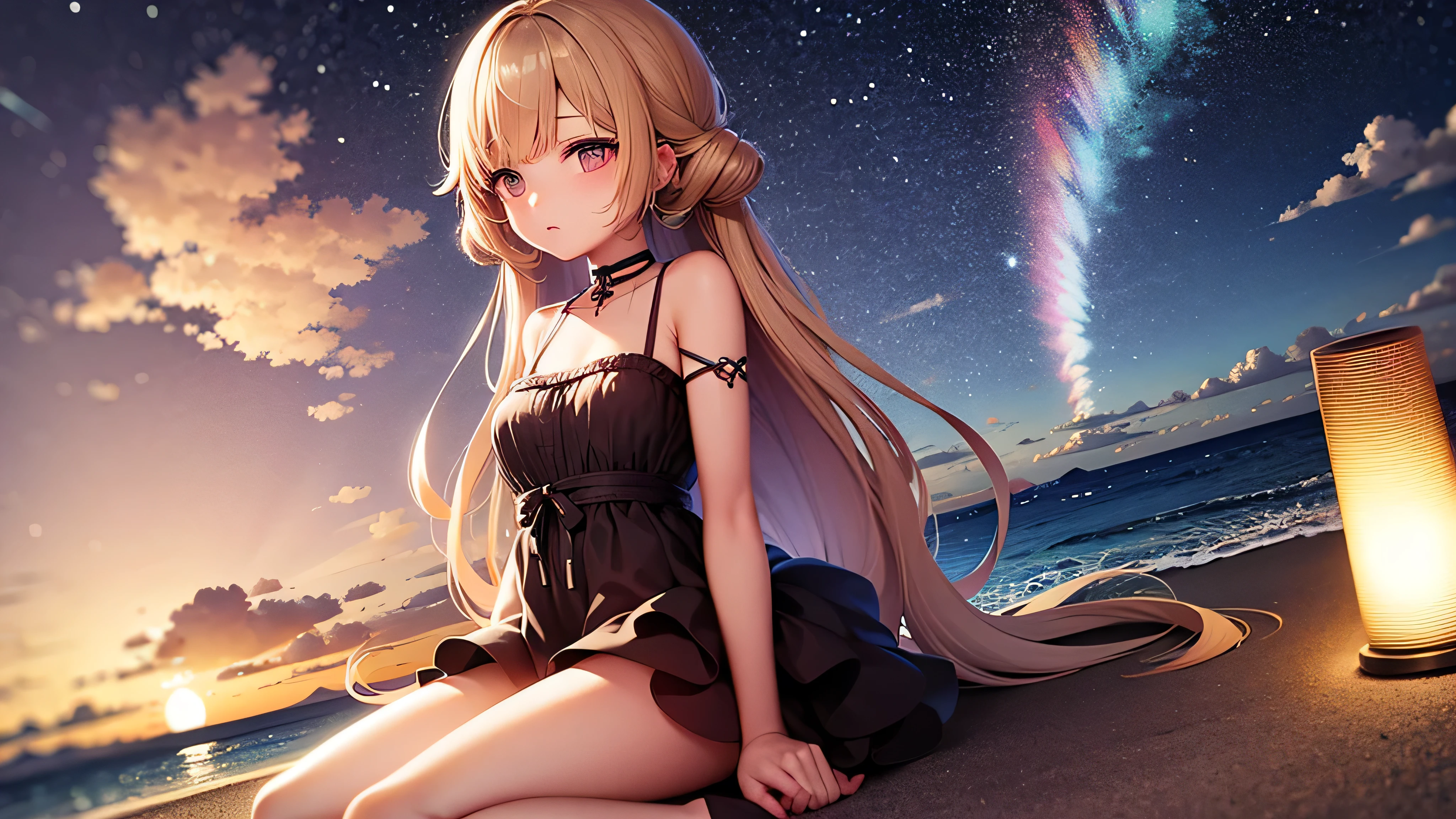 "A serene nighttime beach scene. A girl sits on the sandy shore, her headphones on, lost in the rhythm of the music. She wears a beautiful frock, the gentle waves almost touching her toes. Above her, the night sky is adorned with twinkling stars and a luminous moon, casting a soft glow over the tranquil scene. She looks completely relaxed, absorbed in her own world of melodies."