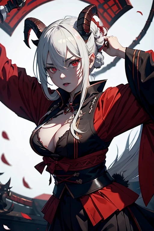 a demonic girl with her breasts exposed, detailed facial features, long hair, horns, detailed body, dark fantasy, black and red color scheme, chiaroscuro lighting, cinematic composition, highly detailed, photorealistic, 8k, masterpiece