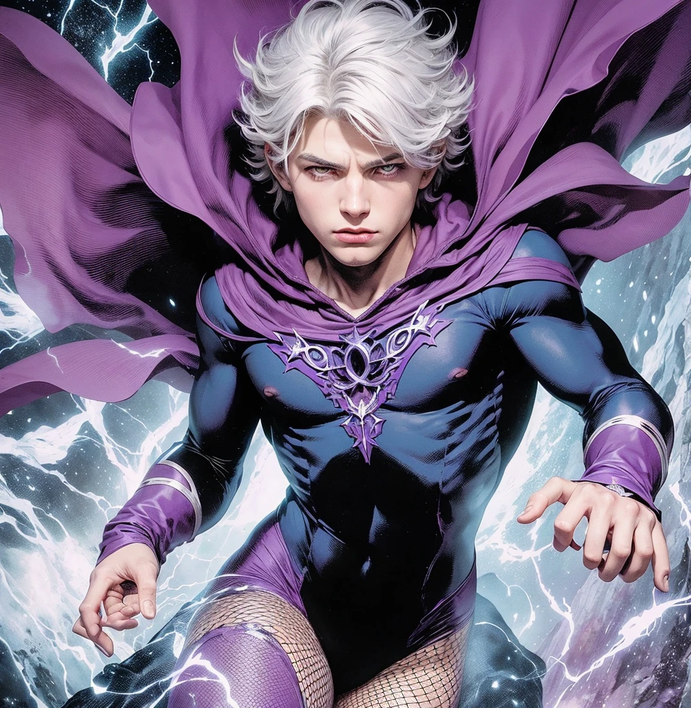 American classic comic book art: beautiful ethereal young boy delicate, intermediate light white hair with beautiful messy, pointy ears, purple-indigo tight bodysuit adorned by mystical symbols, dark gloves, purple long sleeves, purple world of dreams, conjuring magic energy symbols, magenta cape adorned with symbols, sorcerer, white eyes, showing thighs, very young face man, beautiful thighs, classic comic book,