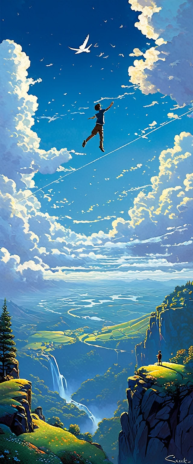 boy falling from the sky, view from afar, clouds with sorada edges,, Kilian Eng y Thomas Kinkade, Rob Gonsalves y Tim White., silvain sarriel, Rhads y Thomas Kinkade, inspired by RHADS, cyril rolando and m.I'm confused, cyril rolando and m. I'm confused, Rhads!!!