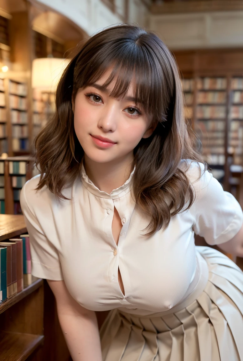 (((neat woman, perverted:1.9,hand on mouth,deep make up:1.8,touch own nipples over clothes:1.9,little pussy juice:1.9))),(((arched back,from below,huge breasts:1.8,kind smile:1.8,blush:1.8,deep cheek:1.8))),please touch me,eat me,tempting viewer,i want you))),(((blush,blush,deep cheek,deep cheek)))),(cinematic lighting), (Photo real:1.4)、(A hyper-realistic:1.4)、(Photorealistic:1.3)、 (gentle lighting: 1.05)、(Improve the lighting quality of your video:0.9)、 32k、25years old woman、photorealistic lighting、Back lighting、Facial Lights、Ray Trace、(bright:1.2)、(Increase quality:1.4)、 (best quality real texture skin)、Fair eyes,delicate face、 Close-up of the face, ((((Wearing the tight white collared-shirts,high-neck,pleated beige skirt,high-heel:1.4))),(Bodyline mood improvement:1.1)、Glossy skin、good figure,perfect anatomy,Beautiful actress,(((beautiful huge soft breasts:1.8,huge breasts,slender waist,slender hip,long slender legs,8heads tall))),(((8heads tall))),(((brown wavy midium hair,bangs))),(((sweat skin,shiny skin,in the beautiful library,super clean night view,in the night))),