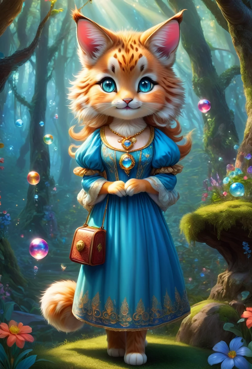 (tarot cards:1.5,rotary symmetrical),(tmasterpiece),(ultra - detailed:1.3),Best quality,(Sparkling:1.2),(magical forest :1.4), 1furry,she is a little female lynx dressed in a blue vintage dress, she stands upright like human, she has paws, she has blue eyes, she is very detailed, she stands upright, very cute and beautiful,she smiles, fantasy magic style, and other decorations, A world of dreams, Cute cartoon design style, Bubble Mart, Vibrant colors,bright,1.4x realism,hyper HD,All shown in this beautiful scene,(The content is very detailed,Reasonable design,Clear lines,High- sharpnesasterpiece,movie light effect,8K)