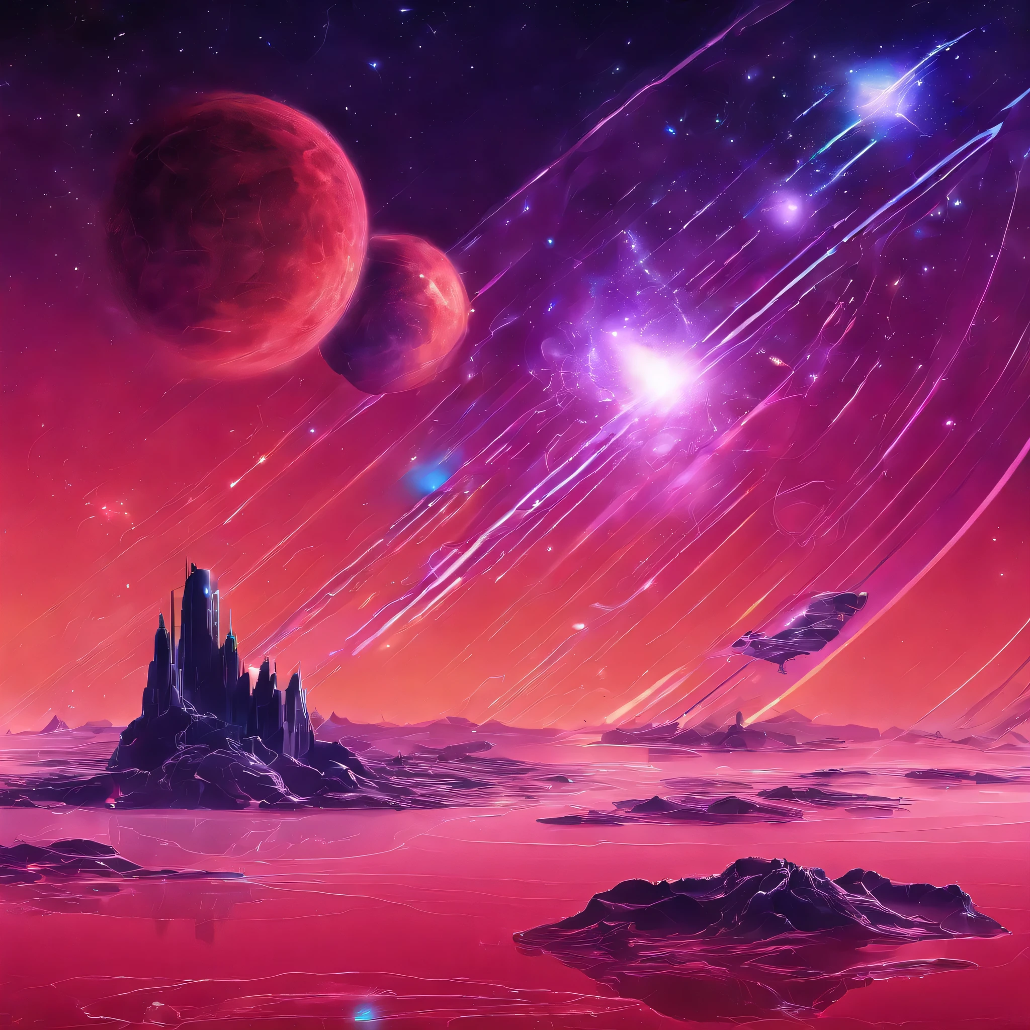 (best quality,4K,hight resolution,​masterpiece:1.2),Ultra-detail,red liquid, which floats in a round glass bottle in the middle of the cosmic starry sky,glowing,purple liquid in a round glass flask, abstractly floating in the vastness of the universe and surrounded by sparkling stars,ethereal atmosphere,Captivating visual effects,Fascinating sight,Otherworldly beauty,cosmic miracle,enchanting in its heavenly surroundings,hypnotic scene with a feeling of mystery and fascination,magical atmosphere,shimmering colors,galactic charm,fascinating combination of science and art,Comparison of the heavenly and the everyday,sparkling red glow, that illuminates the dark emptiness,Transcendent aesthetics