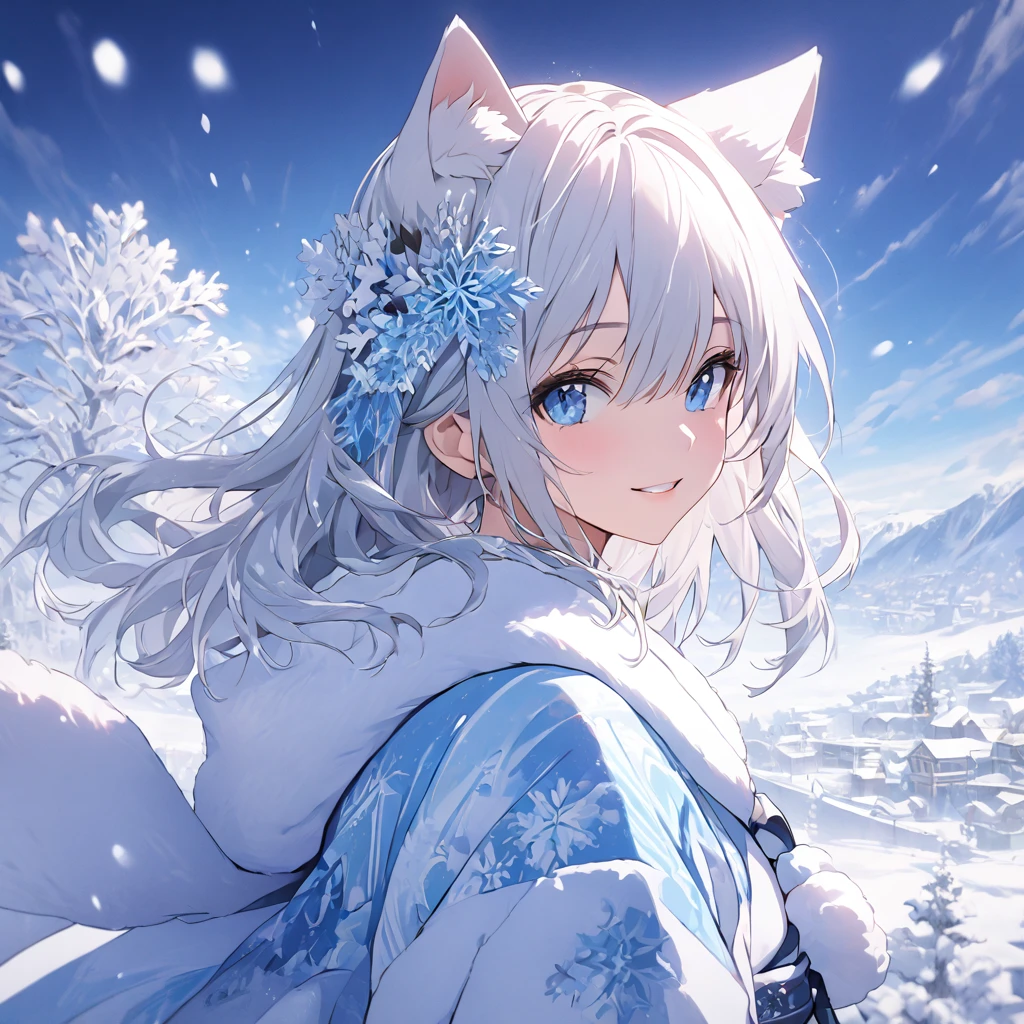 *8k Masterpiece, Top Quality, Best Quality, Official Art, (Beauty and Aesthetics: 1.3), Extremely Detailed, (Fractal Art: 1.3), White hair. cat ears. girl. Cute. Snow. blue eyes. small smile. fluffy cat tail.