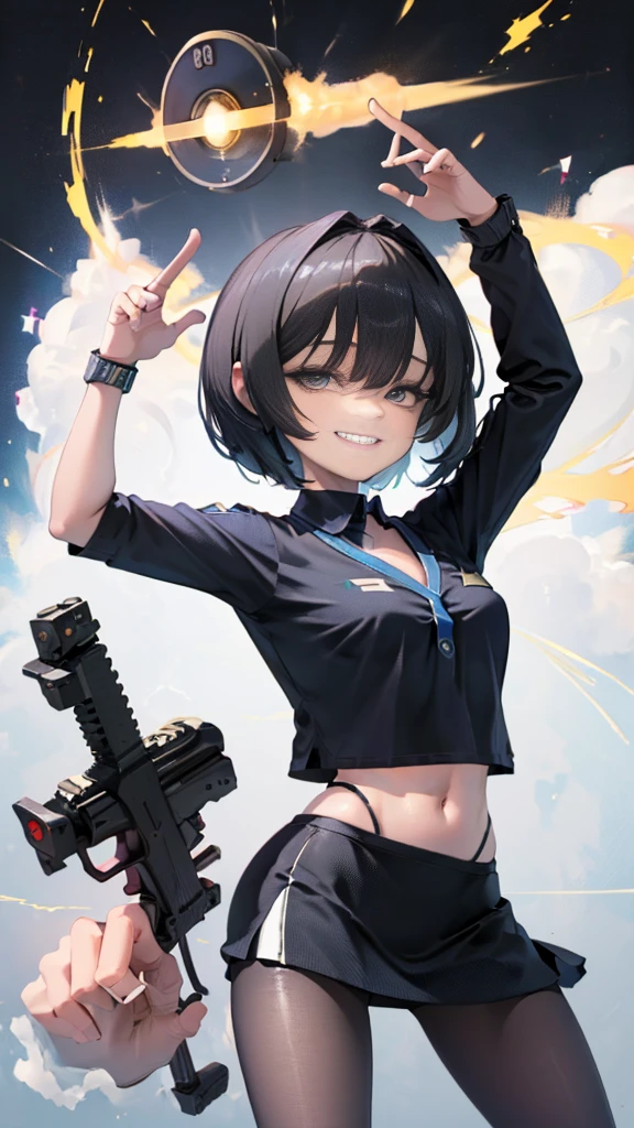 (8K、Best image quality、Highest quality、masterpiece)、Detailed face、((One ))、Black Hair、Bobcut、Blunt bangs、Bright Blue Eyes、Wicked Smile、((Grin))、((Small breasts))、Police hat、((Female police officer))、((Pencil Mini Skirt))、Black Pantyhose、Cowboy Shot、salute、Urban Background