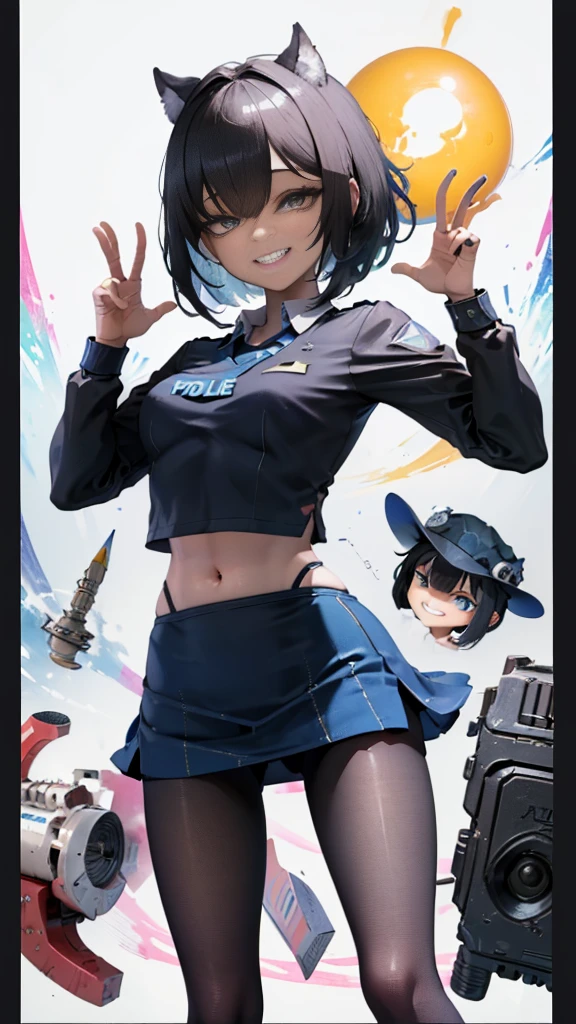 (8K、Best image quality、Highest quality、masterpiece)、Detailed face、((One ))、Black Hair、Bobcut、Blunt bangs、Bright Blue Eyes、Wicked Smile、((Grin))、((Small breasts))、Police hat、((Female police officer))、((Pencil Mini Skirt))、Black Pantyhose、Cowboy Shot、salute、Urban Background